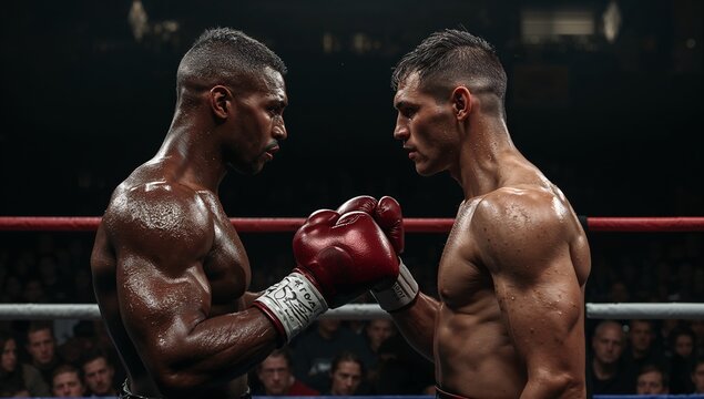 Staring shirtless male boxers sweating inside boxing ring at arena, with red gloves and ring ropes