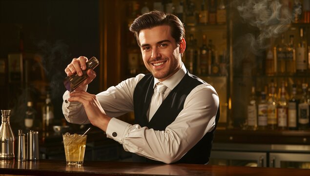 Shaking bartender wearing vest and tie mixing drink at wooden bar counter, with shaker and jiggers