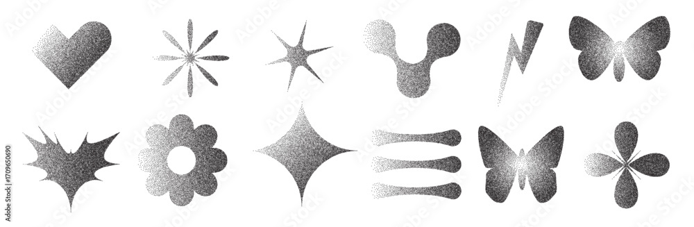 Aufkleber geometric figures with grain noise gradient texture. y2k retro stippling forms set. butterfly, heart