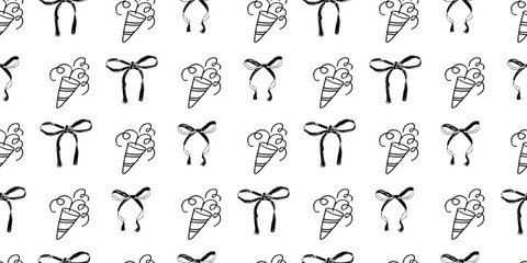 Coquette party crayon seamless pattern. Confetti cracker and ribbons endless background. Girly festive black and white repeat cover. Surface pattern birthday design. Vector hand drawn illustration.
