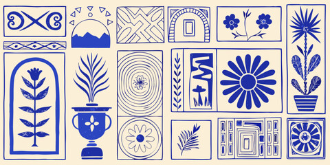 Collection of abstract blue line art illustrations featuring botanical elements and geometric patterns on a cream background