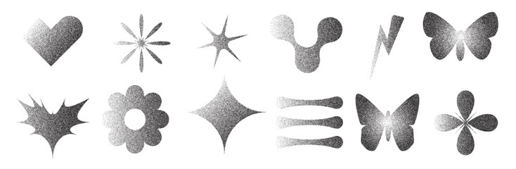 Geometric figures with grain noise gradient texture. Y2k retro stippling forms set. Butterfly, heart and lightning, flower icons on white background. Vector gritty monochrome gradation illustration.