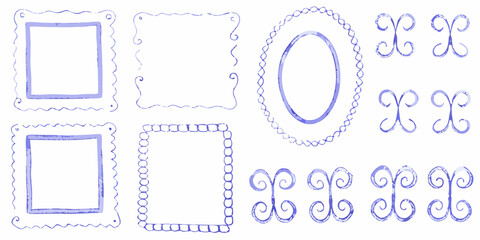 Collection of hand drawn watercolor purple frames and decorative elements on a white background