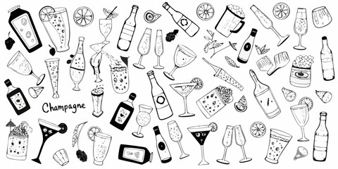 Hand drawn black and white illustration of various champagne bottles and glasses with bubbles and garnishes