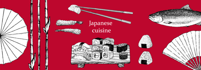 Japanese Restaurant Menu. Hand-drawn illustration of dishes and products. Ink. Vector	