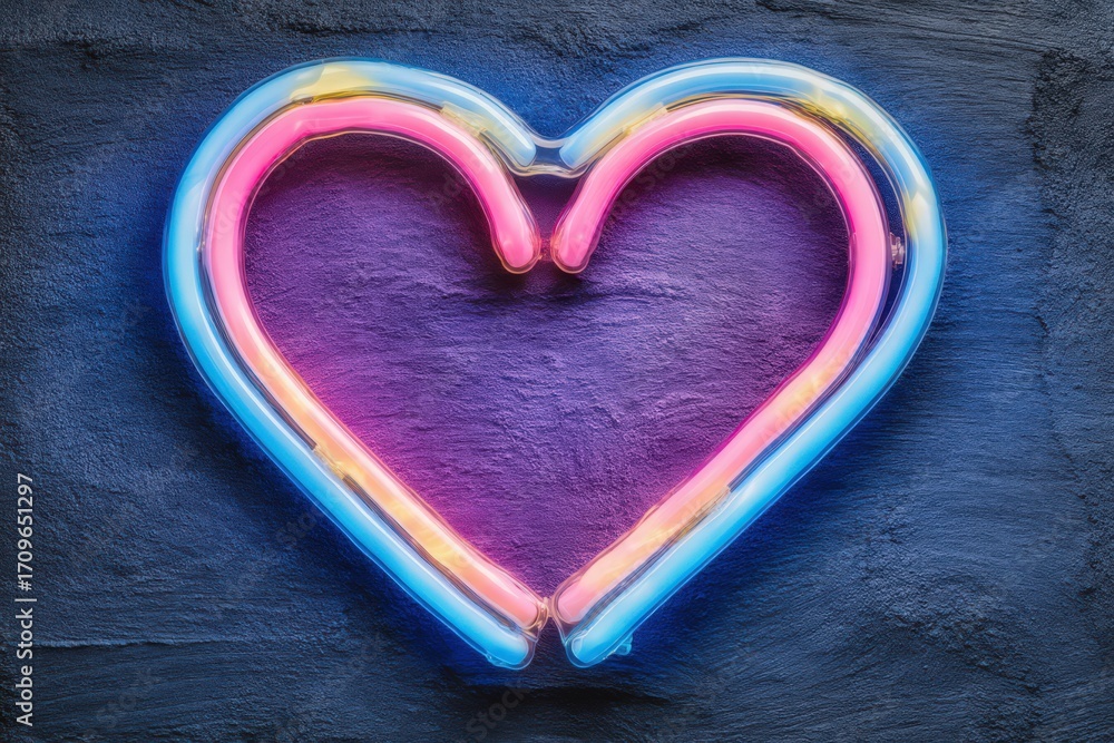 Poster neon heart glowing against textured purple backdrop creating a striking visual statement of love con