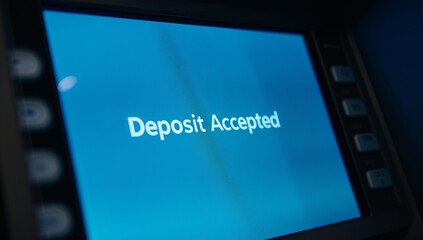 Displaying ATM screen showing deposit accepted at ATM kiosk, with dark bezel frame and side buttons