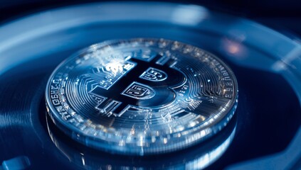 Shining physical Bitcoin token resting on reflective metal dish under blue lighting, with circuitry