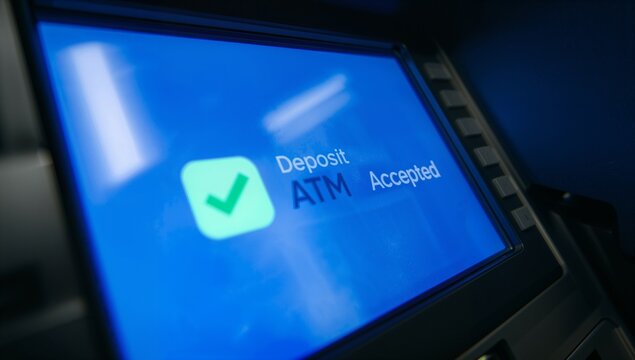 Displaying ATM deposit confirmation screen at bank lobby kiosk, with green check mark icon