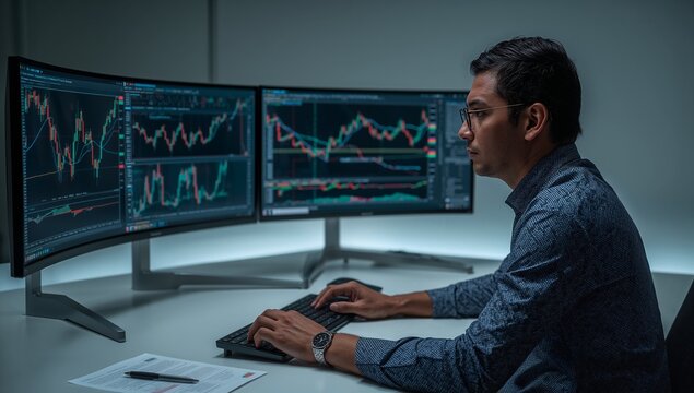 Sitting Asian trader monitoring candlestick charts at trading desk on curved monitors, copy space
