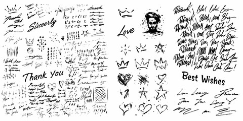 Collection of hand drawn black ink scribbles text hearts stars crowns and portraits on white background