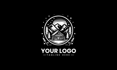Fototapeta premium Stunning black and white vector logo of a rustic cabin in snowy mountains, a perfect design for outdoor brands