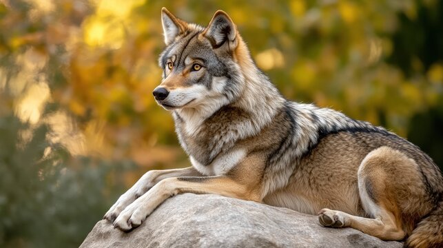 A wolf resting on a rock with blurred foliage in the background in a portrait style image outdoors - Powered by Adobe