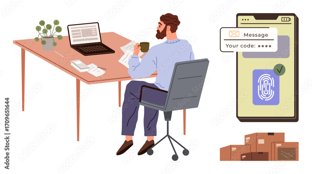 Aufkleber man sitting at desk with laptop, coffee, and letters mobile phone displaying authentication code sta