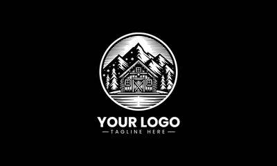 Fototapeta premium Stunning black and white vector logo of a rustic cabin in snowy mountains, a perfect design for outdoor brands