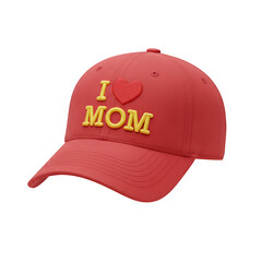 Floating baseball cap with bold I ❤️ MOM text, perfect for Mother’s Day, fashion, and celebration designs. Isolated on white or transparent background. PNG format.
