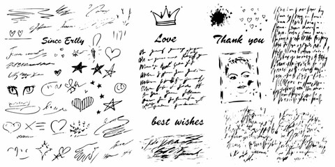 Collection of hand drawn black ink scribbles and sketches including hearts stars eyes and text on white background