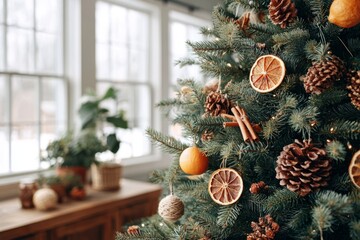 Cozy rustic Christmas tree with dried citrus and pinecone decorations indoors. Christmas tree decorated with dried orange slices, cinnamon sticks, pinecones, concept of holiday celebration