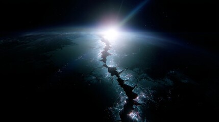 Obraz premium Majestic view of Earth from space. This image captures the beauty and mystery of our planet. The light shining creates a mesmerizing effect. Ideal for science and technology themes. AI