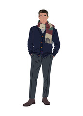 Obraz premium Flat vector illustration of a stylish man in navy cardigan, slim-fit trousers, boots, and patterned scarf. Perfect for fashion, lifestyle, or character design projects