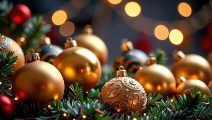 Elegant golden Christmas ball ornaments gleam with festive light, reflecting holiday sparkle. Perfect for decorating trees, wreaths, or adding a touch of luxur, shimmer, sparkle, gold