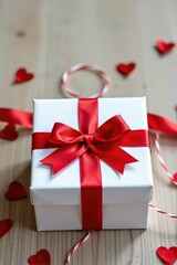 Elegant white gift box adorned with a vibrant red bow, perfect for any occasion, image, christmas, wedding