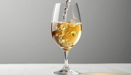 Elegant wine glass being filled with crisp white wine, showcasing its clarity and effervescence, crystal, party