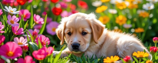 Golden retriever puppy playfully nestled amongst vibrant spring flowers, sunlight dappling its fur, blossoms, spring