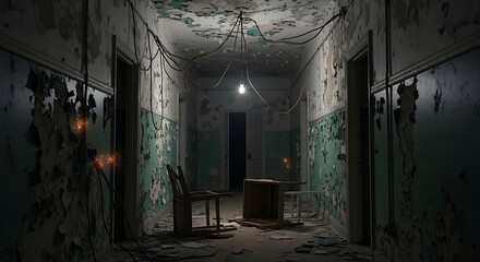 Obraz premium Abandoned Hospital Corridor at Night.