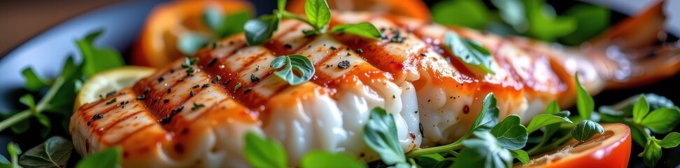 Grilled fish fillet, seasoned and cooked to perfection, resting on a bed of fresh herbs, spices, protein, image