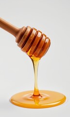 Golden honey dripping from a rustic wooden dipper, isolated on white background, amber, background, golden