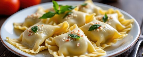 Homemade fresh ravioli, delicately pleated pasta filled with savory goodness, ready to be served, dumpling, meal