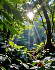 Lush green canopy, vibrant foliage, dense undergrowth, humid air, sunlight dappling the forest floor, shadows, natural landscape