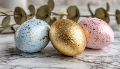 Obraz premium Three painted Easter eggs on marble