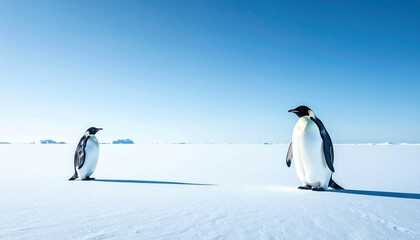 Obraz premium Penguins in natural Antarctic habitat with snow, ice and ocean background