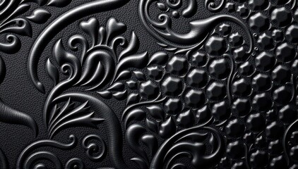Luxurious embossed black leather with a striking floral pattern. Rich, glossy finish. Ideal for high-end accessories and design, elegant, glossy, flowers