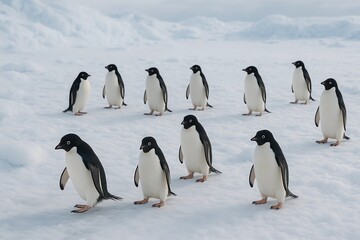 Obraz premium Penguins in natural Antarctic habitat with snow, ice and ocean background