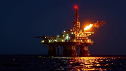 Offshore oil platform gas flare burning brightly at night, illuminating the dark ocean, heat, climate change