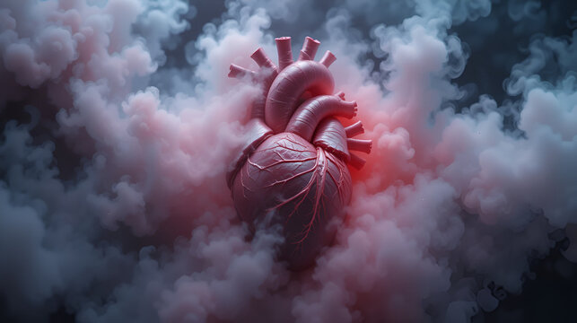 Human heart surrounded by stifling fog symbolizing pericarditis, soft lighting, realistic textures, dramatic focus, high-detail render
