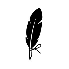 Elegant black and white drawing of a feather tied with string.