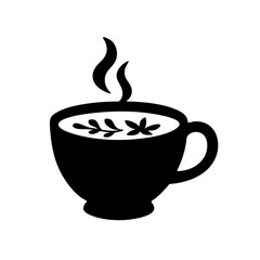 Simple black silhouette of a steaming cup of tea or coffee.