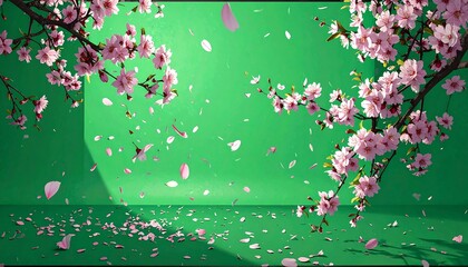 Blooming cherry blossoms in a vibrant green room