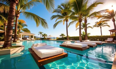 Serene poolside escape: luxurious mattress floats nestled amongst swaying palm trees, sun-drenched paradise, green, imagery