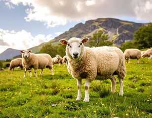 Fototapeta premium Sheep Grazing in Mountain Pasture