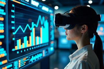A woman wearing virtual reality glasses analyzing real-time business data analytics on a futuristic holographic display.