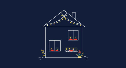 A charming flat design illustration of a house beautifully decorated with string lights and diyas, capturing the festive ambiance of Diwali. This vector image symbolizes home celebrations