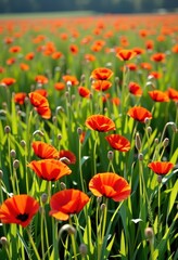 Vibrant red poppies scattered across a lush green field, bathed in sunlight. A picturesque summer landscape with a gentle breeze, vibrant, blossom