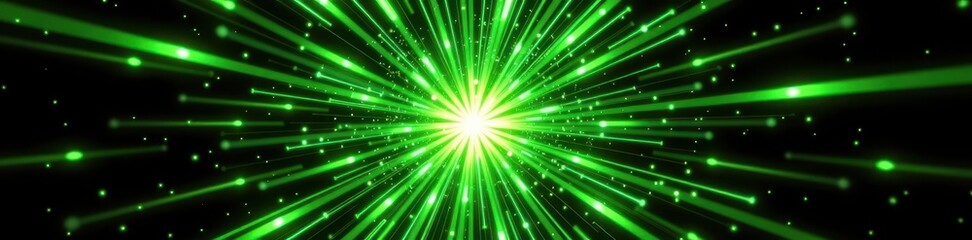 Abstract starburst, vibrant green radiating outwards from center on a deep black background, dynamic energy, cosmic effect, design, starburst, contemporary