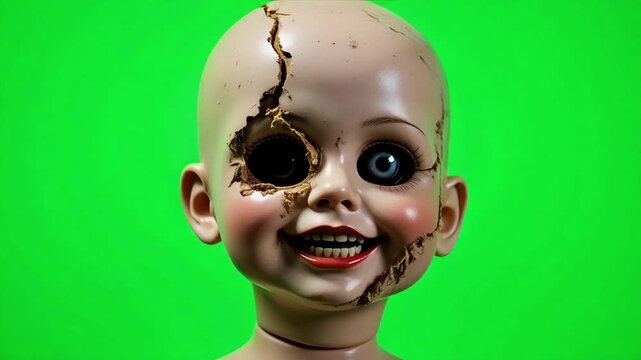 Creepy antique doll with cracked face and eerie gaze on a vibrant green background.