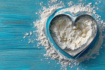 Heart-shaped cookie cutter surrounded by flour on vivid turquoise wooden background illustrating creativity and passion for baking in culinary arts captured with clarity